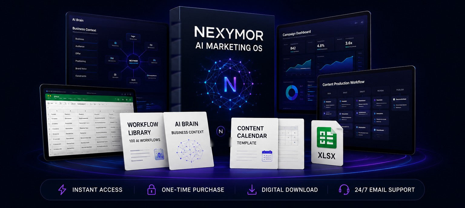 The NEXYMOR AI Marketing OS product system: AI Brain business-context panel, campaign dashboard, content production workflow board, XLSX workbooks, workflow library and content calendar templates.